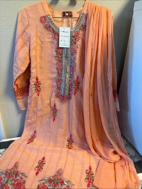 Pakistani Indian Peach Embroidered party Dress with Dupatta